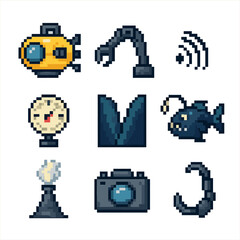Deep-Sea Exploration Icons. Pixel art icon set of deep-sea exploration: submersible, ROV arm, sonar wave, pressure gauge, deep