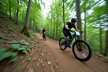 Fototapeta premium Dynamic motion-blur photo of a mountain biker riding at high speed on a singletrack trail through a lush green forest, capturing the thrill of extreme sports, outdoor adventure