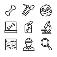 Obraz premium Paleontology Icon Set. Outline icon set of paleontological fossil conservation: dinosaur bone, excavation pick, plaster jacket,