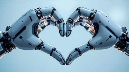 Two futuristic robotic hands forming heart shape gesture representing AI compassion, human-robot connection and technology with emotion