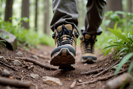 Close-up of hiking boots trekking on a rugged forest trail covered with tree roots, representing the spirit of outdoor adventure, walking in nature, physical activity, and exploring the wilderness
