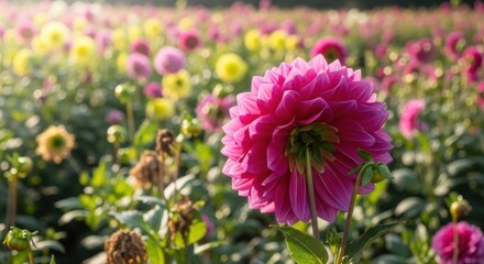 Obraz premium Vibrant pink dahlia blooming in a sun-drenched field of flowers