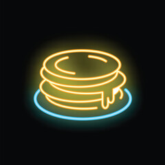 Glowing neon sign depicting a stack of delicious pancakes dripping with syrup on a plate, perfect for any restaurant or diner