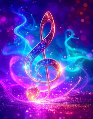 Glowing Colorful Music key, treble clef with on background with fuchsia, blue and teal energy, light waves, party vibes  