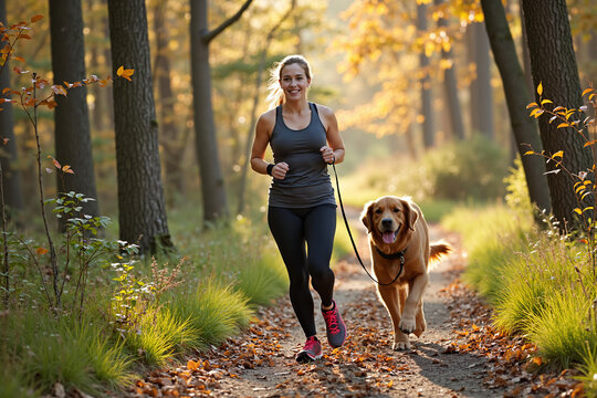 athletic woman jogs with her golden retriever dog on a scenic trail through an autumn forest, representing a healthy lifestyle, the joy of running, and the special bond between a pet and its owner