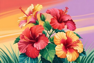 Tropical hibiscus flowers with palm leaves against sunset gradient background for summer vacation and Hawaiian paradise themes