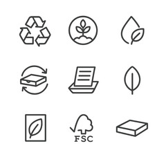 Pizza Box Icons. Outline icon set of Pizza Box Eco-Friendly Features: recycle symbol, compostable material, eco-friendly ink,