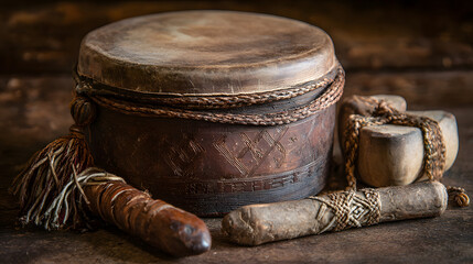 Handmade clay drum and indigenous tools