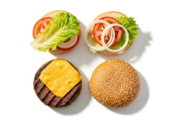 Deconstructed Cheeseburger Flat Lay Showing Ingredients on White Background Grilled Patty, Sesame Bun, and Fresh Vegetables