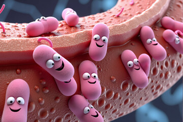 Happy cartoon probiotic bacteria characters line the intestinal wall in a 3D microscopic illustration, representing a healthy gut microbiome, digestive wellness, beneficial flora
