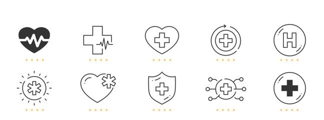 Fototapeta premium Medical symbols line icons. Cross, hospital, caduceus, aid etc. Editable stroke