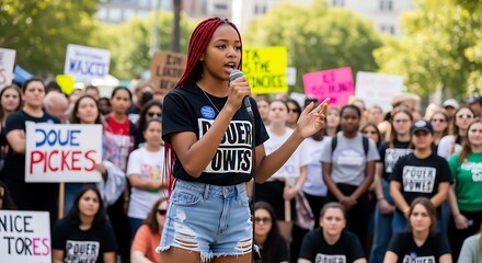 A young woman speaks into a microphone at a protest, surrounded by a crowd holding signs.
