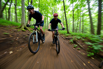 Fototapeta premium Two friends mountain biking on a winding dirt trail through a lush green forest in the summer, enjoying an active and healthy lifestyle, outdoor adventure, and the thrill of off-road cycling