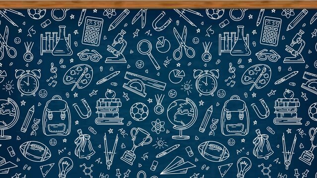 A dark blue background covered with white school themed drawings in a pattern style