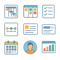 Project Management Icons. Isometric Flat icon set of project management tools: Gantt chart, Kanban board, checklist, timeline