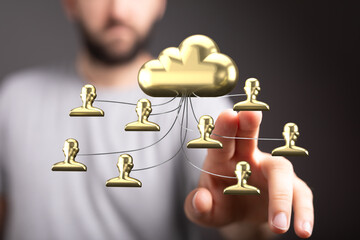 Secure cloud technology connecting users.  Ideal for network, data, and collaboration concepts.