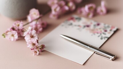 A professional styled shot of a greeting card on a clean desk with a pen and flowers, in soft tones
