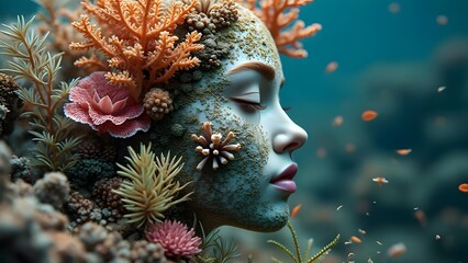 Artistic woman portrait with coral reef marine life face art featuring sea anemones shells and underwater organisms in surreal ocean concept