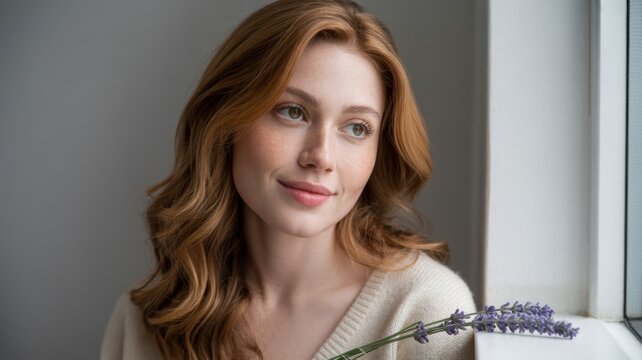 A serene woman with red hair gazes thoughtfully by a window, accompanied by lavender sprigs. - Powered by Adobe