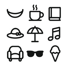 Relaxation Icon Set. Solid, filled icon set of relaxing moments: hammock, coffee cup, book, sun hat, beach umbrella, music note,
