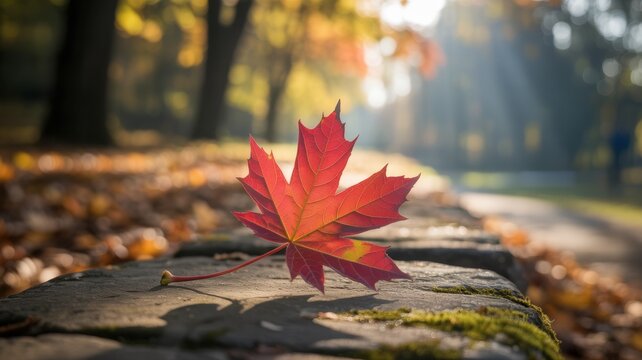 A vibrant red maple leaf rests on a stone in a sunlit autumn forest, surrounded by fallen leaves and warm hues.