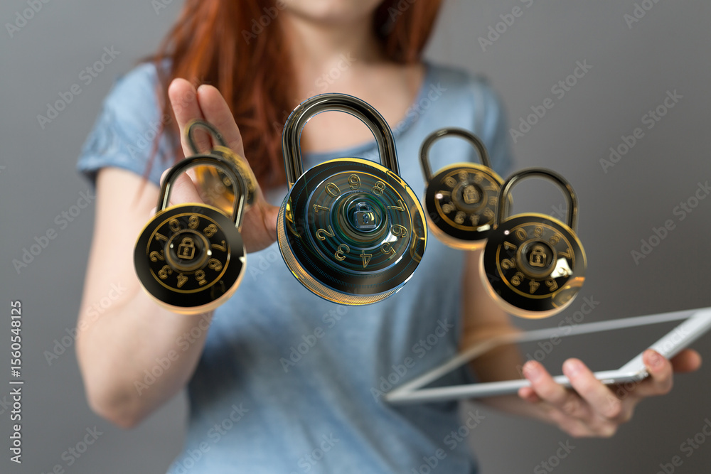 Poster Secure your data! Image depicts woman interacting with digital combination locks, symbolizing online security and protection.