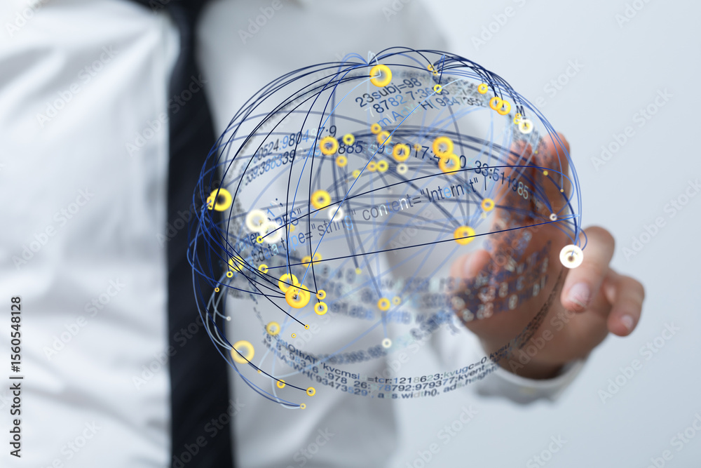 Poster stock photo of a businessman holding a 3d network graphic, representing global connections and data.