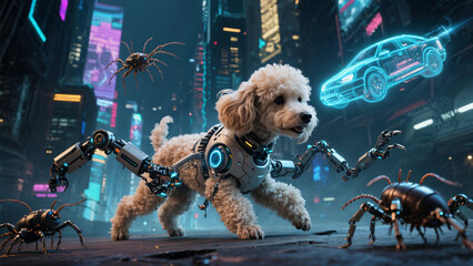 futuristic city scene featuring a robotic dog and insects with neon holographic cars
