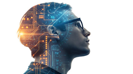 Man s head overlaid with glowing digital circuits and data streams representing artificial intelligence