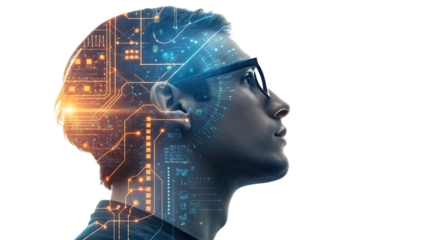 Man s head overlaid with glowing digital circuits and data streams representing artificial intelligence