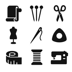Dressmaking Icons Layout. Solid, filled icon set of dressmaking essentials: fabric bolt, pins, scissors, sewing needle, mannequin,