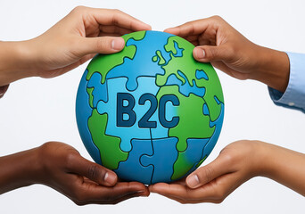 Hands of diverse individuals holding globe with puzzle pieces, symbolizing global connection and business to consumer relationships. image conveys collaboration and unity in commerce