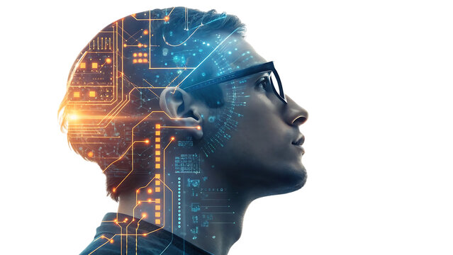 Man s head overlaid with glowing digital circuits and data streams representing artificial intelligence