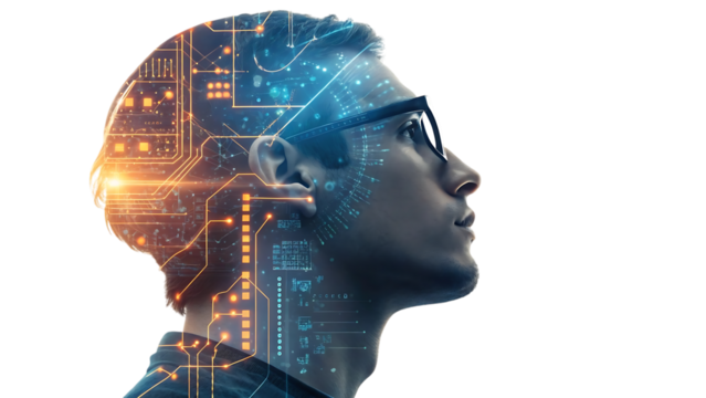 Man s head overlaid with glowing digital circuits and data streams representing artificial intelligence - Powered by Adobe