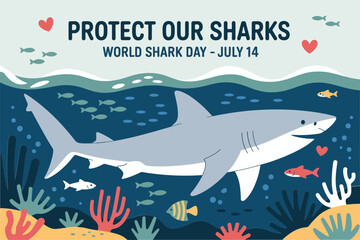 Colorful sea background with swimming sharks for world shark day july 14 marine life protect our sharks badge  