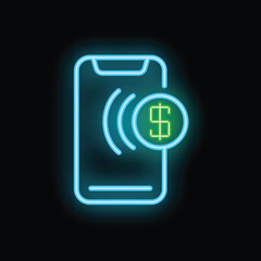 Neon sign representing a smartphone making a contactless payment with a dollar symbol
