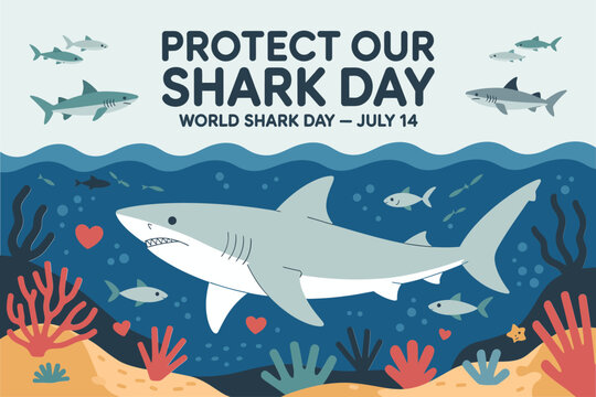 Shark day underwater poster with coral reef and ocean sharks for world shark day july 14 preservation theme  