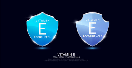 Vitamin E tocopherol tocotrienols in translucent glass shield aluminum frame shiny modern 3D isolated on dark background. For design dietary supplement products. Health care protection. Vector.