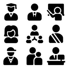 School Leadership Icons. Solid, filled icon set of school leadership roles: principal, vice principal, head teacher, counselor,