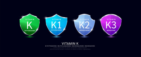 Vitamin K K2 K3 in translucent glass shield aluminum frame shiny modern 3D isolated on dark background. For design dietary supplement products. Health care protection. Vector.