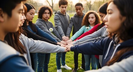 Fototapeta premium Diverse Group of Teenagers Showing Unity and Teamwork in a Park