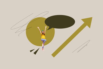 Banner design 3d image collage of happy businessman businesswoman stand arrow development career aim achievement concept