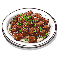 Mongolian Beef, vector graphic, 2D flat isometric cartoon illustration on white background.
