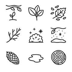 Seasonal Forest Icons. Outline icon set of Seasonal Changes in Shaded Forest: spring bud under canopy, summer green leaf cluster,