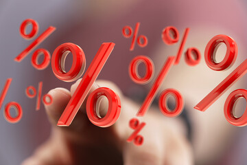 Red percentage symbols illustrate financial growth, interest rates, and investment returns.