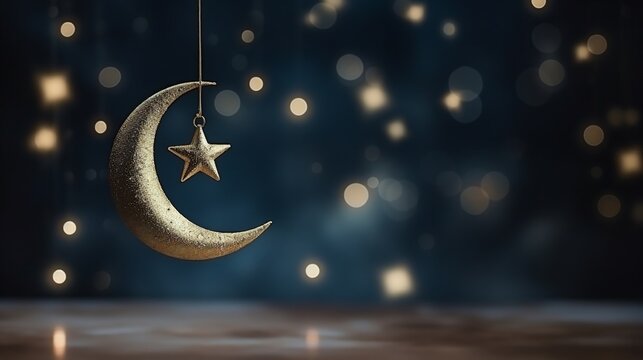 Crescent moon and star, hanging, blurred lights