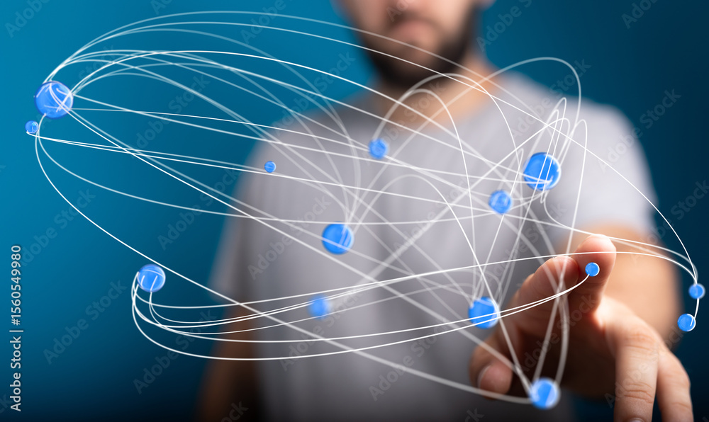 Poster Abstract image of a man connecting digital nodes, symbolizing networking, technology, and global communication.