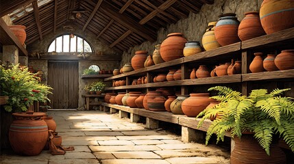 Rustic pottery collection displayed on wooden shelves in a sunlit artisan workshop