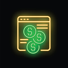 Neon sign illustrating the concept of online earning, featuring green dollar coins emerging from a stylized webpage interface