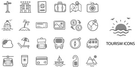 Tourism simple concept 24 hand drawn Grew color icons set .Vector illustration.	